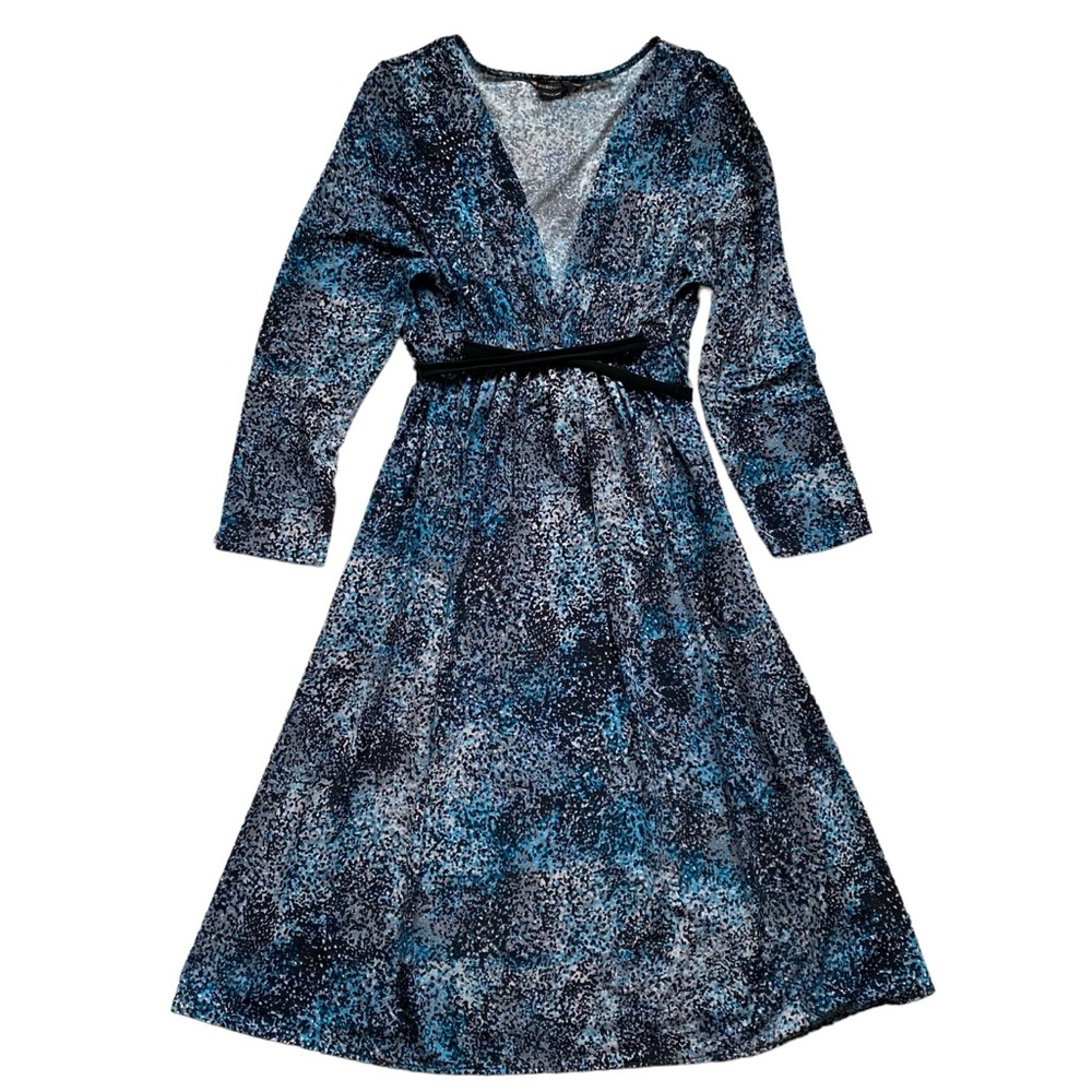 BCBG Midi Dress Blue Black V-neck Waist Tie Pullover Size Large